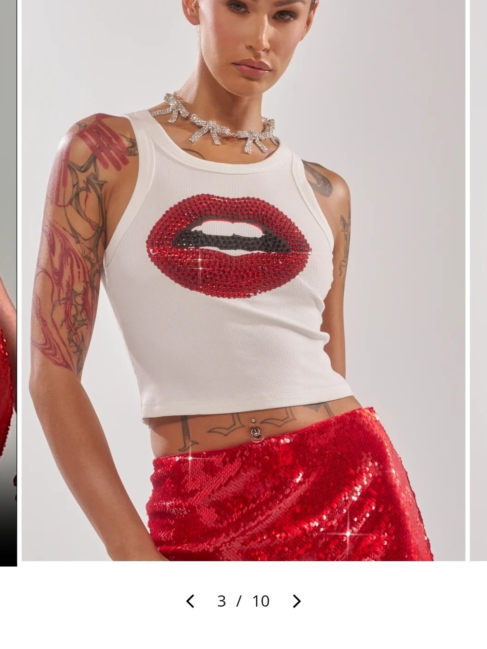 White Ribbed Tank Top with Red Sequin Lip Applique